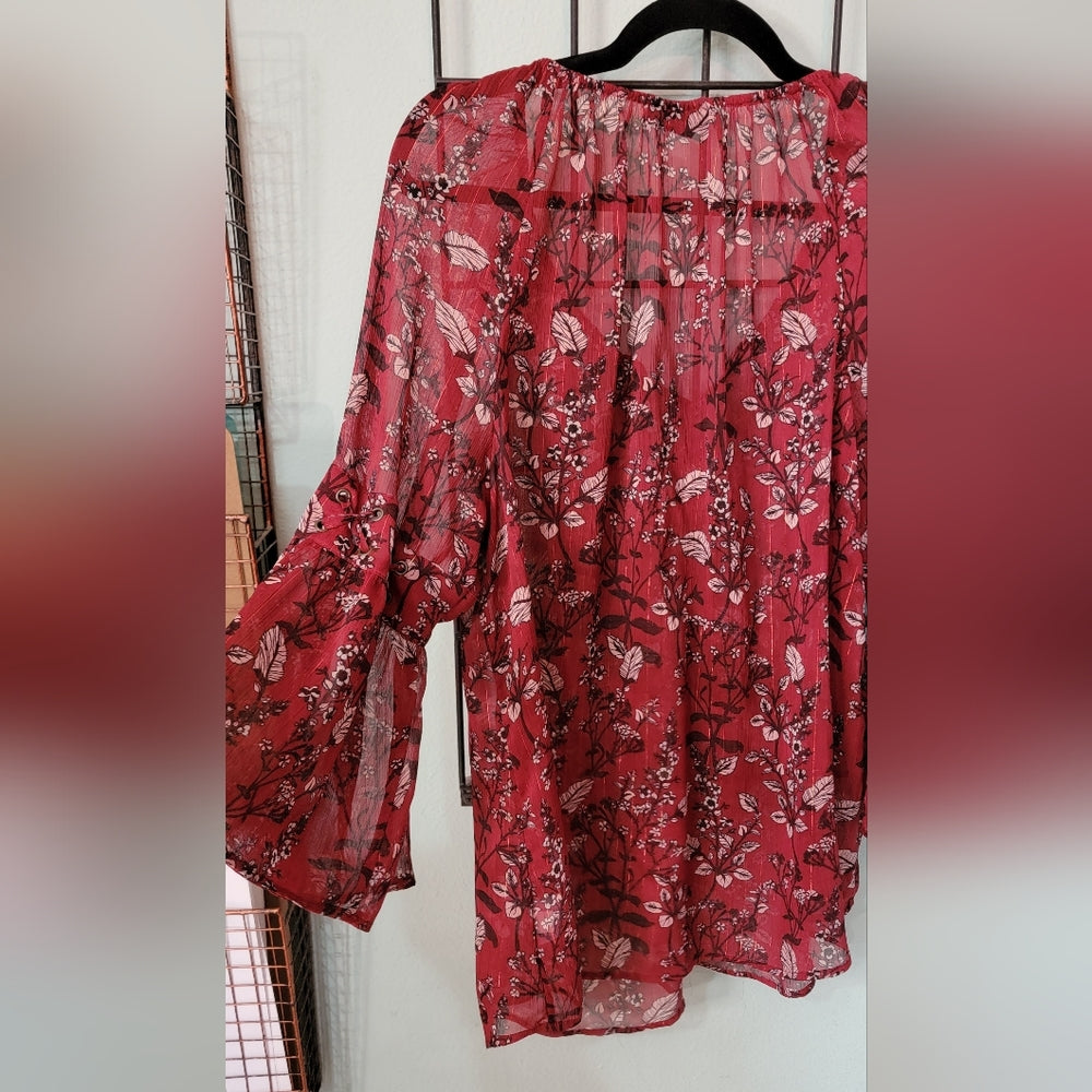 Flowing blouse boho sheer BURGUNDY with gold thread detail. STYLE & CO. Size LG